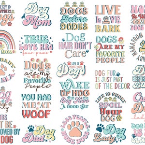 Op de afbeelding: Een verzameling kleurrijke, retro-stijl illustraties met honden als thema, met tekst zoals "Honden zijn mijn favoriete mensen", "Hondenmama", "Hondenhaar maakt niet uit", "Het leven is kort, verwen je hond" en "Alleen honden vibes".