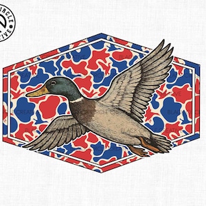May include: A detailed illustration of a flying duck with outstretched wings, set against a red, white, and blue camouflage pattern within a hexagonal frame. The duck has brown, gray, and green feathers. The image includes the text "BLACKCIRCLE CREATIVE".