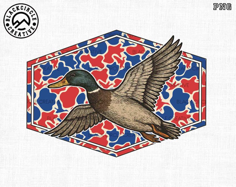 May include: A detailed illustration of a flying duck with outstretched wings, set against a red, white, and blue camouflage pattern within a hexagonal frame. The duck has brown, gray, and green feathers. The image includes the text "BLACKCIRCLE CREATIVE".