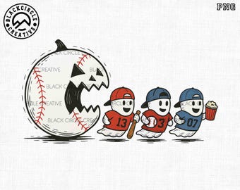 May include: A Halloween-themed illustration featuring a baseball-shaped jack-o'-lantern with a carved face. Three ghost figures wearing baseball caps and jerseys with numbers 13, 3, and 07 are shown. One ghost holds a bat, another a baseball, and the last a popcorn bucket.