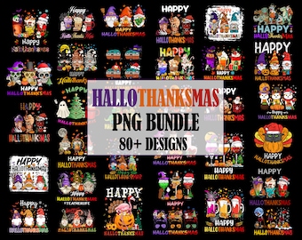 May include: A digital collection of over 80 colorful graphic designs featuring gnomes, turkeys, ghosts, and holiday-themed beverages with the text HAPPY HALLOTHANKSMAS PNG BUNDLE 80+ DESIGNS. The illustrations include seasonal motifs.