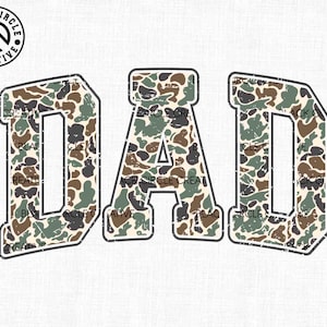 May include: The word "DAD" in a camouflage pattern, with a distressed, vintage look. The letters are outlined in black and set against a white background. The Black Circle Creative logo is in the upper left corner.