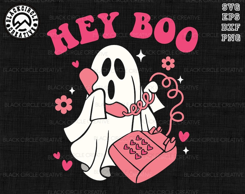 May include: A pink and white ghost holding a pink rotary phone with hearts on it. The ghost is saying "Hey Boo" in pink letters.