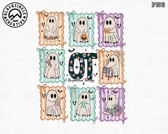 May include: A Halloween-themed design featuring nine panels with cartoon ghosts in various poses. The central panel spells "OT" with "Occupational Therapy" below. Each panel has a striped background with bats and spiderwebs.