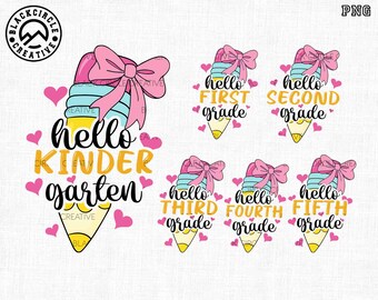 Hello Grade Png Bundle, Pencil Coquette Bow Png, Kindergarten Pre-K 1st 2d 3d 4th 5th Png, Preppy Teacher, Girl Back To School, Grade Level