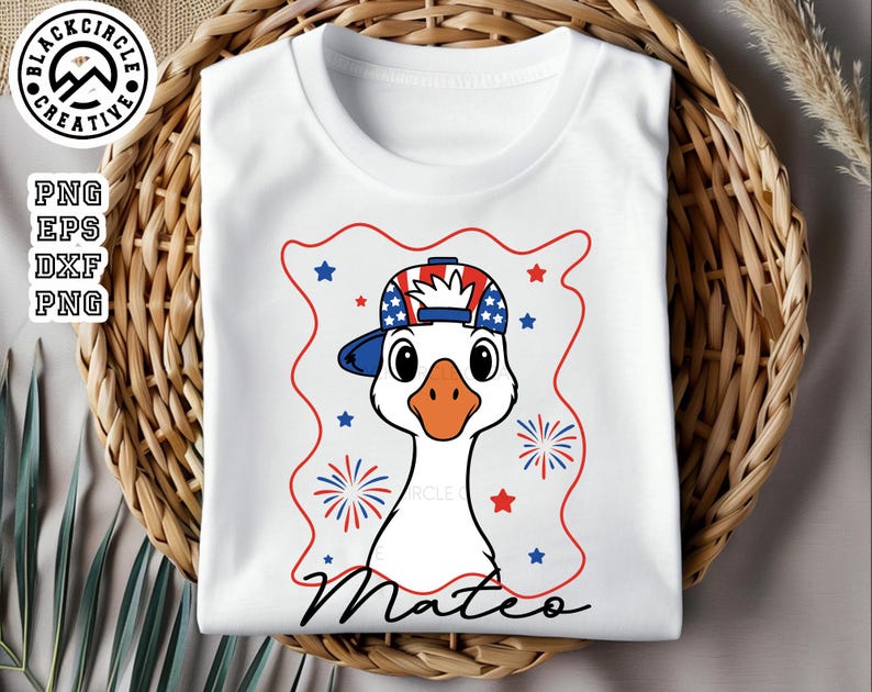 May include: White t-shirt with a red, white, and blue cartoon goose wearing a red, white, and blue baseball cap. The goose is wearing a red, white, and blue baseball cap with stars. The text "Mateo" is printed below the goose.