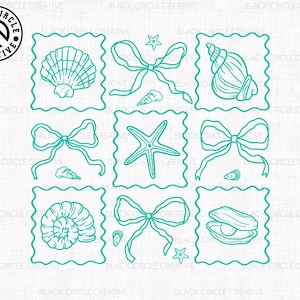 May include: Nine teal blue illustrations of seashells, starfish, and bows with a white background. The illustrations are in a grid format with three rows and three columns. Each illustration is surrounded by a teal blue border.