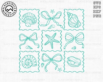 Blaue Muschel Coquette Schleife svg, Sommer Vibes svg, Jakobsmuschelmuschel, Küstenleben, Retro-Sommer-Svg, Mädchenreise-Svg, Meeresleben, Sommerferien