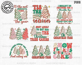 May include: Nine colorful Christmas tree designs with text. The designs feature a Christmas tree with frosting and sprinkles. The text includes phrases like "Tis the season", "Most likely to eat all the Christmas tree cakes", and "Snow flakes Christmas cakes".
