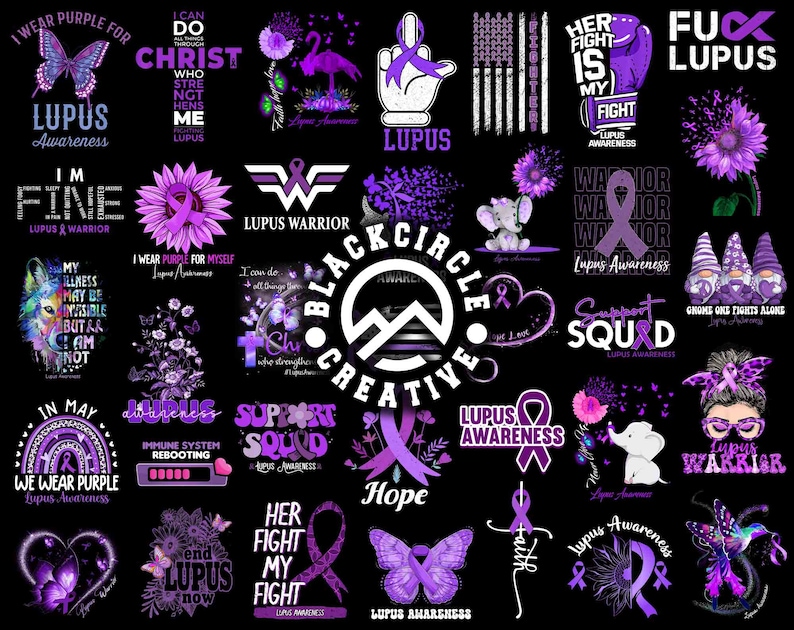 May include: A collection of colourful digital designs featuring purple ribbons, butterflies, and other imagery related to Lupus awareness. The designs include text such as "Lupus Awareness", "I Wear Purple For Myself", "Support Squad", and "Hope".