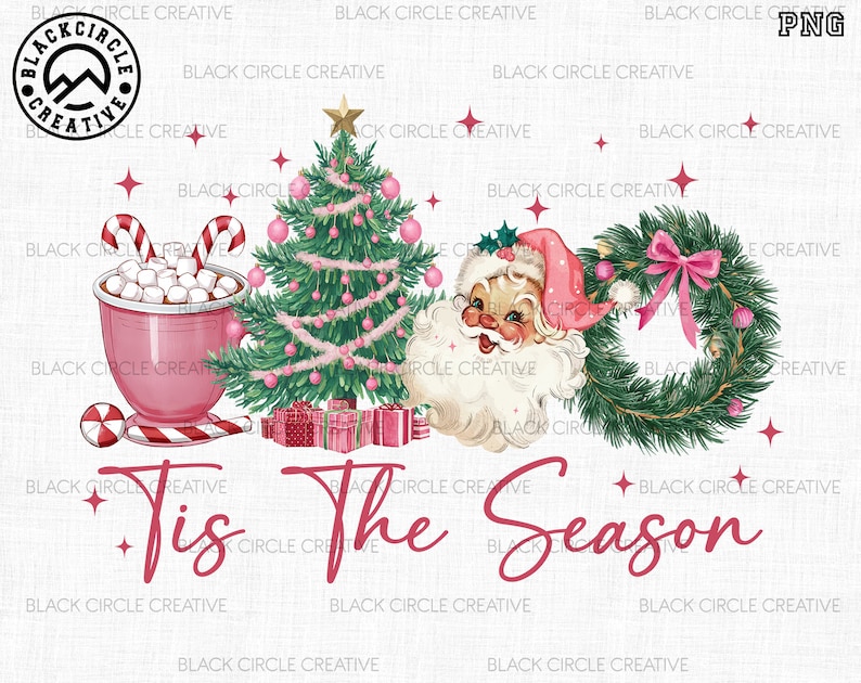 May include: A digital illustration of a Christmas scene with a pink mug of hot chocolate with marshmallows, a Christmas tree with pink ornaments, a Santa Claus face, and a green wreath with a pink bow. The text "Tis The Season" is written in pink letters.