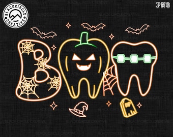 Könnte beinhalten: Ein Neon-Grafikdesign, das BOO buchstabiert, wobei der Buchstabe B mit Spinnennetzen gefüllt ist, das O ein Kürbis-Zahn ist und das zweite O ein Zahn mit Zahnspange. Enthält Fledermäuse, einen Hexenhut und einen Grabstein mit der Aufschrift RIP.