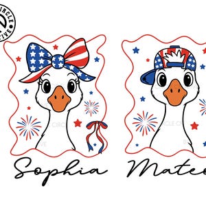 May include: Two cartoon geese with red, white, and blue patriotic hats and bows. The goose on the left has a bow with stars and stripes and the goose on the right has a baseball cap with stars and stripes. The goose on the left has the name "Sophia" written below it and the goose on the right has the name "Mateo" written below it.