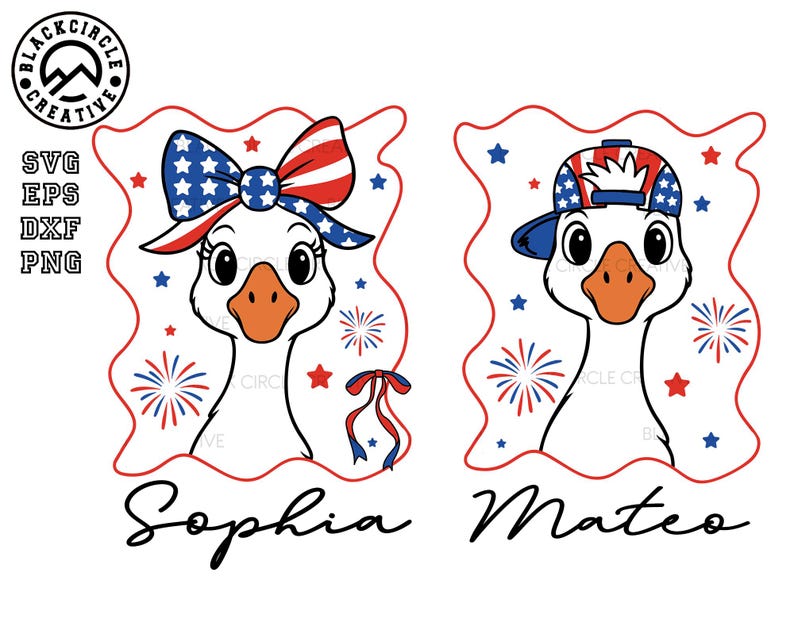 May include: Two cartoon geese with red, white, and blue patriotic hats and bows. The goose on the left has a bow with stars and stripes and the goose on the right has a baseball cap with stars and stripes. The goose on the left has the name "Sophia" written below it and the goose on the right has the name "Mateo" written below it.