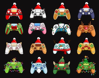 May include: A collection of sixteen video game controllers illustrated with various holiday themes, including Santa hats, reindeer antlers, Christmas lights, gingerbread patterns, snowman features, and elf attire, arranged in a four-by-four grid.