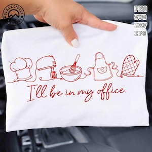May include: White kitchen towel with red line art of chef's hat, mixer, bowl with whisk, apron, and oven mitt. Text reads "I'll be in my office". BlackCircle Creative logo in the upper left corner.