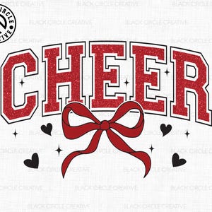 May include: Red glitter text that reads "CHEER" with a red bow and hearts. The text has a black outline.