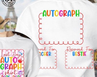 May include: White sweatshirt with colourful text and graphics. The back features the word "AUTOGRAPH" in rainbow colours within a red frame. Additional text includes "Reserved For TEACHER" and "Reserved For BESTIE".