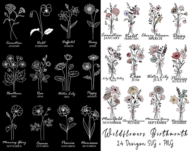 Pode incluir: Ilustra&ccedil;&atilde;o em preto e branco de flores silvestres, cada uma representando um m&ecirc;s de nascimento. A imagem inclui desenhos detalhados de v&aacute;rias flores como cravos, violetas e margaridas, com o m&ecirc;s rotulado abaixo.