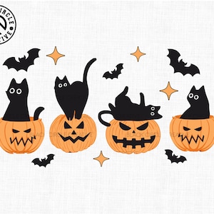 黒猫とカボチャのデザイン SVG、かわいいハロウィンカボチャ SVG、ハロウィン猫 SVG、子供用シャツのデザイン、猫好き SVG、トレンディなハロウィン