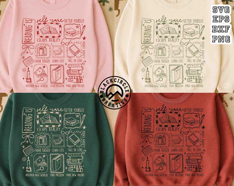May include: Four sweatshirts in pink, cream, green, and rust colors, each featuring a book-themed graphic. The design includes the text "Reading Is" and phrases like "Escape Reality" and "Discover New Worlds."