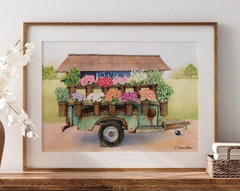 May include: A watercolor painting of a vintage flower cart with a sign that reads "Farm Fresh". The cart is filled with colorful flowers and is parked on a dirt road. The painting is framed in a wooden frame.