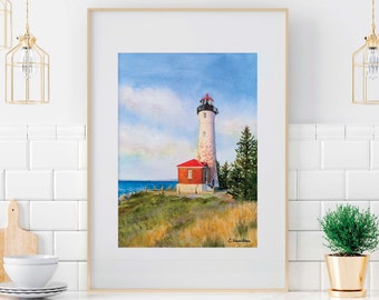 Crisp Point Lighthouse, Lighthouse Watercolor Painting, Coastal Art Print, Beach Cottage Decor, Lighthouse Lover Gift, Nautical Wall Art