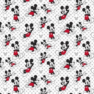 May include: A white background with a repeating pattern of Mickey Mouse in various poses. Mickey Mouse is wearing his signature red shorts, yellow shoes, and white gloves. The background is filled with small gray hearts.