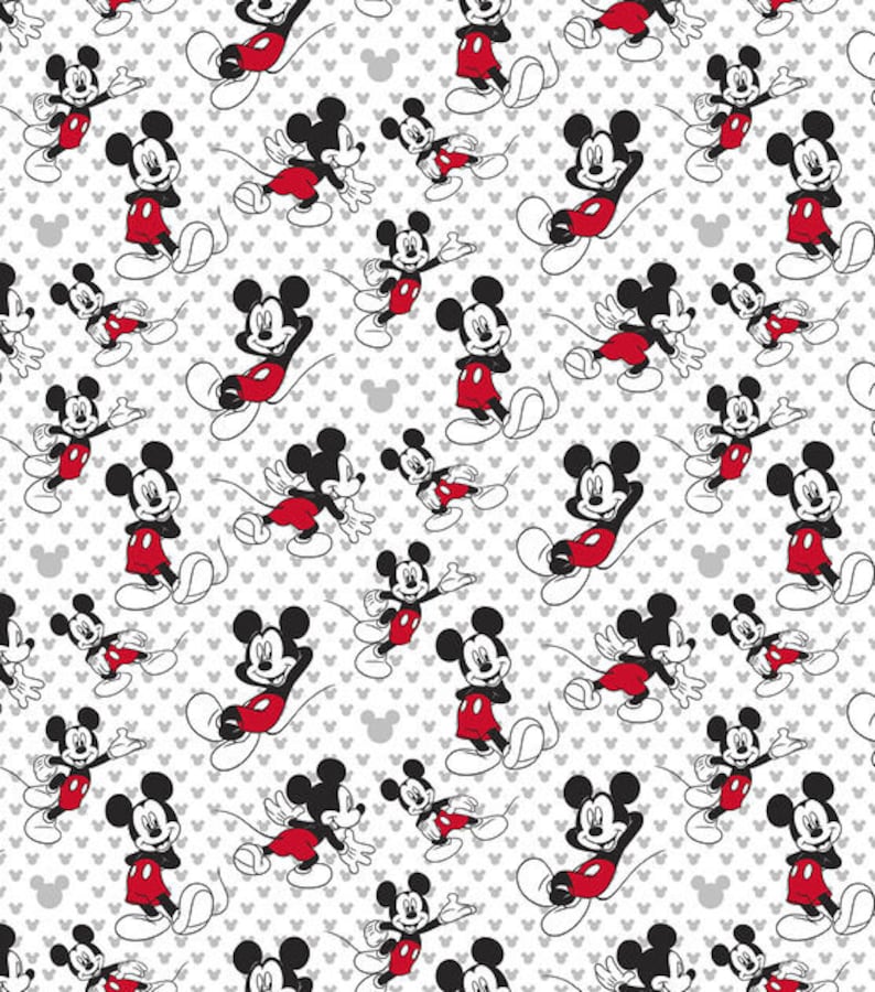 May include: A white background with a repeating pattern of Mickey Mouse in various poses. Mickey Mouse is wearing his signature red shorts, yellow shoes, and white gloves. The background is filled with small gray hearts.