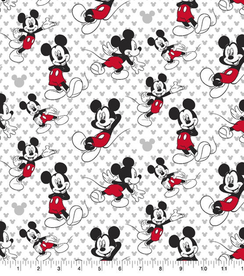 May include: A white fabric with a repeating pattern of Mickey Mouse in various poses. Mickey is depicted in black and red with white gloves. The background is a light gray with a repeating pattern of Mickey Mouse ears.