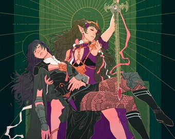 May include: A woman in a purple and black dress holds another woman in a black dress with a sword in her hand. The woman in the purple dress has a crown on her head and a sword in her hand. The background is green and has a pattern of lines.