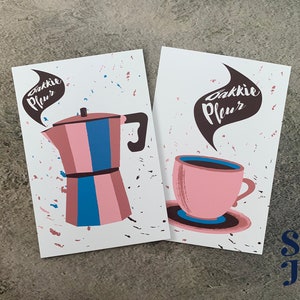 Bakkie Pleur. Twee kaarten met koffie illustratie A6