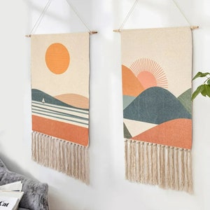 Handgefertigter Makramee-Wandbehang, Sonnenaufgang-Makramee-Wandbehang-Tapisserie, Boho-Tapisserie-Wandbehang, Baumwollquaste aus Segeltuch gewebt