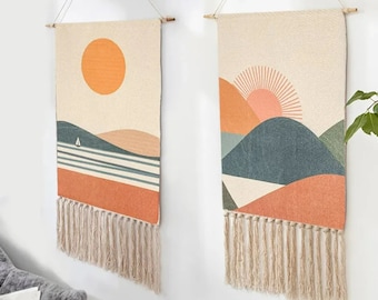 Suspension murale en macramé fait main, tapisserie murale en macramé Sunrise, tenture murale tapisserie bohème, décoration d'intérieur en toile de coton tissée avec pampilles