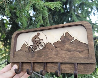 Portachiavi in legno con design di montagna e ciclista, decorazione da parete, portachiavi, portachiavi, fatto a mano, idea regalo unica, regalo per la casa o per chi si trasferisce in zona Downhill.