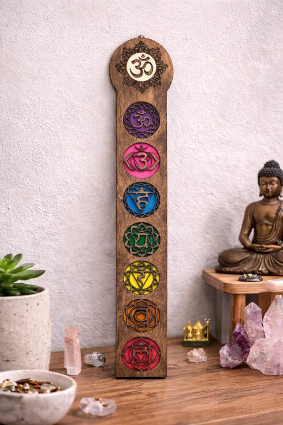 Chakra Wall Hanging Wooden Decor – Yoga Meditation Wall Art, Spiritual Chakra Symbols with Om, Boho Zen Home Decor, Reiki Gift