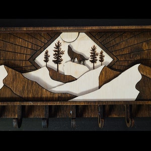 Llavero De Pared De Madera De Cerezo Con 4 Ganchos - Decoración Montaña Para Organizar Llaves