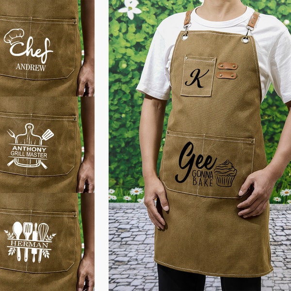 Gepersonaliseerde schort met zakken, aangepaste schort, canvas schort, keukenschort voor mannen, chef-kok cadeau, vaderdagcadeau, jubileumcadeau voor man