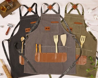 Canvas Apron for Men with Adjustable Straps, Custom Leather Apron Gifts for Her, Personalized Apron with Pocket, Personalized Gifts for Wife