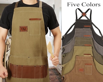 Personalized Apron For Men, Canvas Apron With Pockets, Custom Leather Apron, Kitchen Apron, Dad Gift, Great Chef Gift, Husband Gift For Him