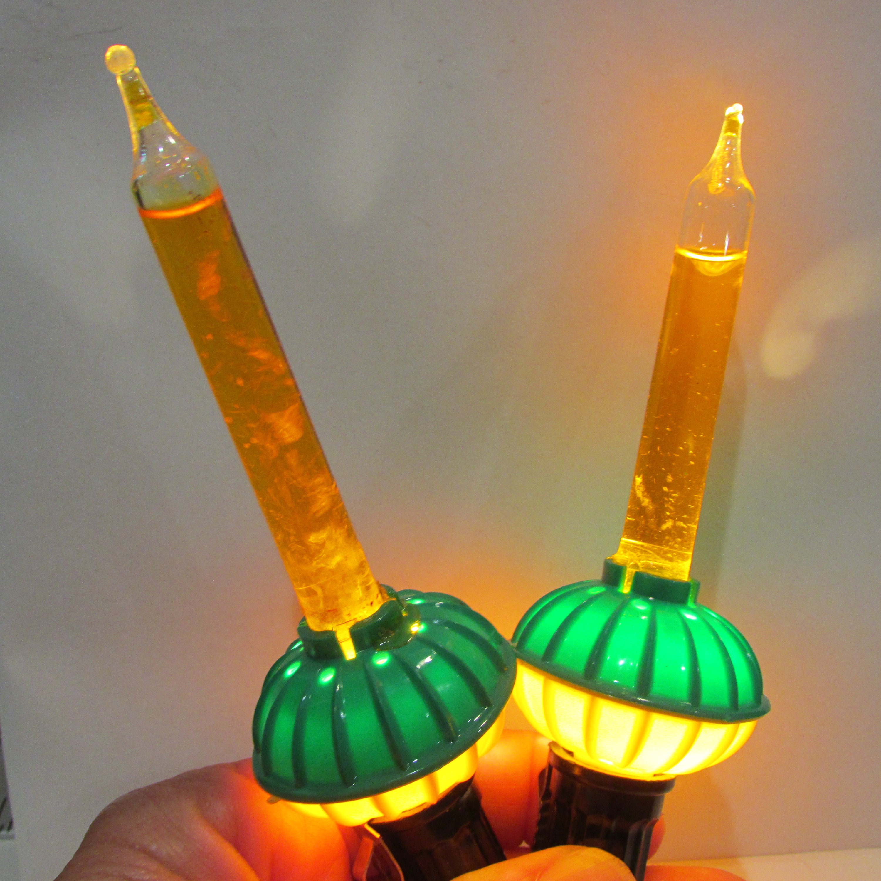 2 1950s Vintage Paramount Green over Yellow Biscuit Base  4.5" Christmas C6 Bubble Light WORKS  Retro Xmas Tree Light Yellow Liquid MCM (Q)