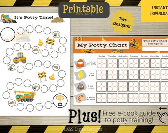 May include: Printable construction-themed potty training chart with a yellow bulldozer and a construction worker. The chart includes a calendar with days of the week and spaces for stickers. The text "My Potty Chart" is at the top of the chart. The text "Plus! Free e-book guide to potty training!" is at the bottom of the chart.
