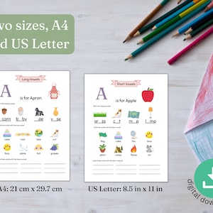 May include: Two printable worksheets for teaching the short and long vowel sounds of the letter A. The worksheets feature colorful illustrations of an apple, apron, and other objects. The worksheets are available in two sizes: 8.5 inches by 11 inches and 21 centimeters by 29.7 centimeters.