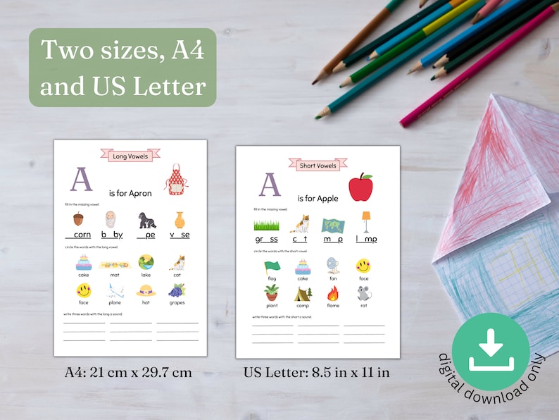 May include: Two printable worksheets for teaching the short and long vowel sounds of the letter A. The worksheets feature colorful illustrations of an apple, apron, and other objects. The worksheets are available in two sizes: 8.5 inches by 11 inches and 21 centimeters by 29.7 centimeters.