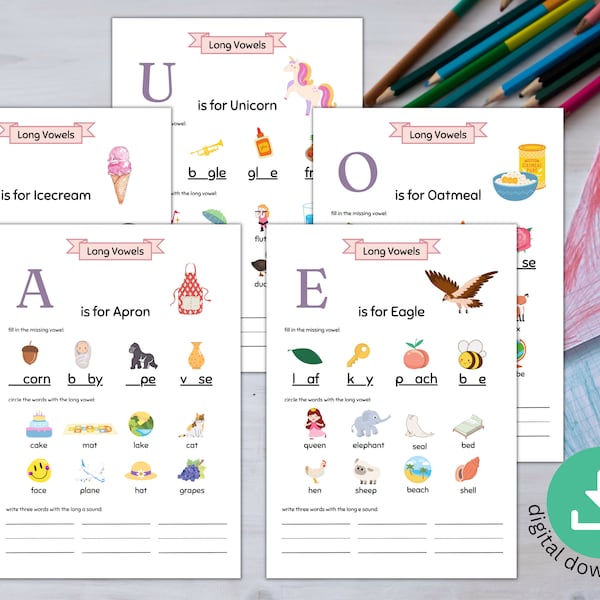 Long Vowel Activity Sheets, Homeschooling Worksheets for Kids, Montessori Vowel Work, Long Vowel Sounds, Kindergarten Games, Preschool