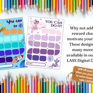 May include: Two printable reward charts for kids. One features an astronaut in space with a blue, green, and purple color scheme. The other features a fairy with a purple, pink, and white color scheme. Both charts say "You Can Do It!" and have a space for a reward.