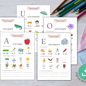 Fogli di attività per vocali brevi, Fogli di lavoro per l'istruzione domiciliare per bambini, Lavoro sulle vocali Montessori, Suoni vocalici brevi, Giochi per l'asilo, Scuola dell'infanzia