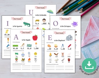 May include: Five printable worksheets for learning short vowels. Each worksheet features a letter, a picture, and a word starting with that letter. The worksheets include the letters A, E, I, O, and U.
