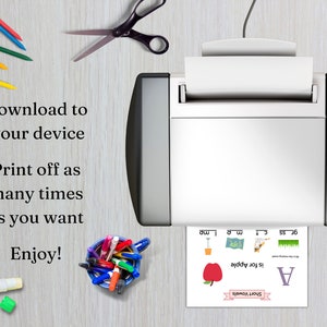 May include: A printable worksheet for learning the short vowel sound "A" with an illustration of an apple and the text "is for apple". The worksheet also includes illustrations of a flag, a pot, a bee, and grass.