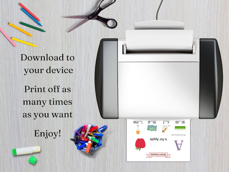 May include: A printable worksheet for learning the short vowel sound "A" with an illustration of an apple and the text "is for apple". The worksheet also includes illustrations of a flag, a pot, a bee, and grass.